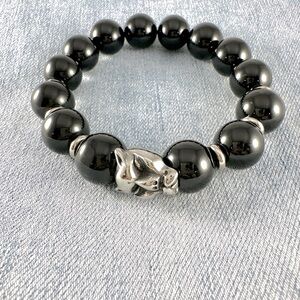NEW- Men’s 12mm Bracelet Onyx Beads. Stainless Steel Panther.. 8”-8.75”.